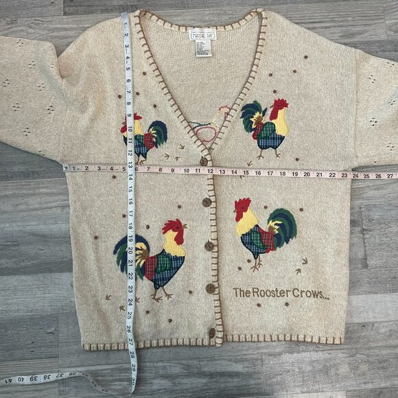Mandal Bay Cotton Linen Beige Chicken Rooster Embroidered Cardigan Sweater B32 - Picture 4 of 5